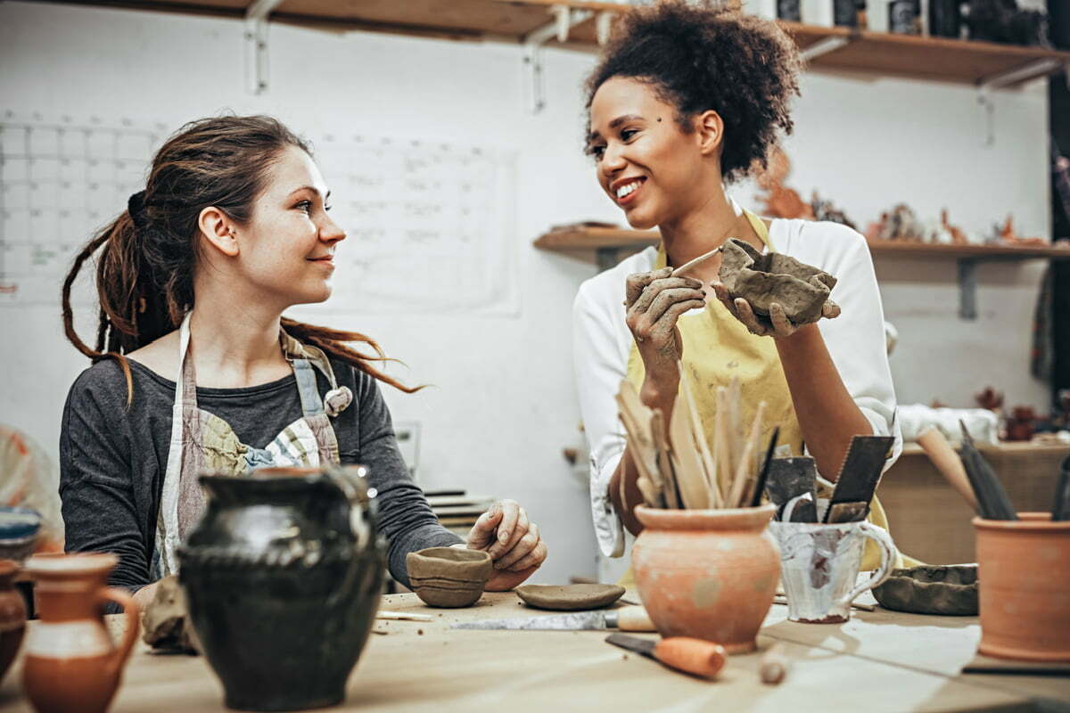 Women Friends Enjoy a Local Pottery Studio in Fairfax, Virginia