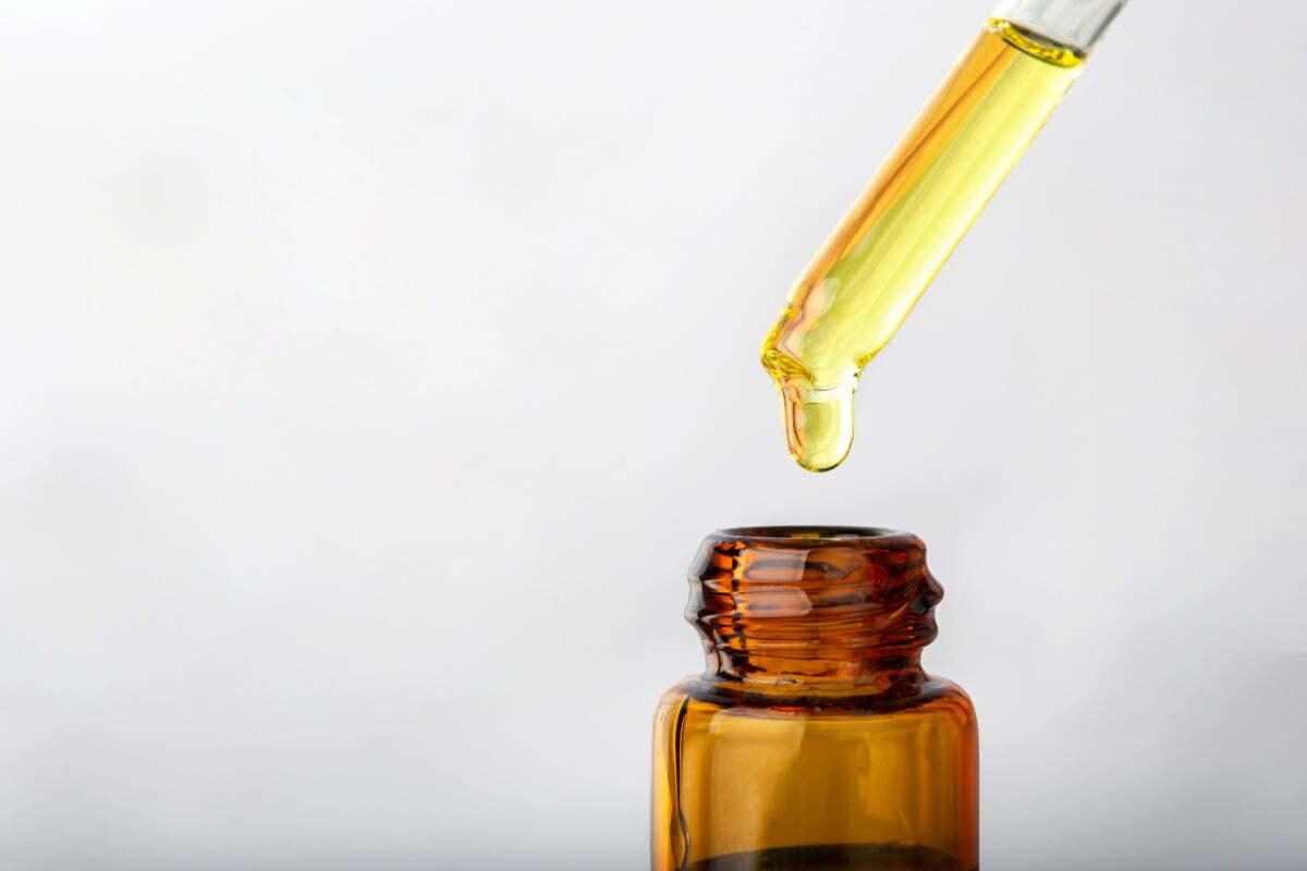 Close up of Cannabis CBD oil supplement bottle